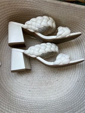 Soda White Braided Block Heel Slide Sandals